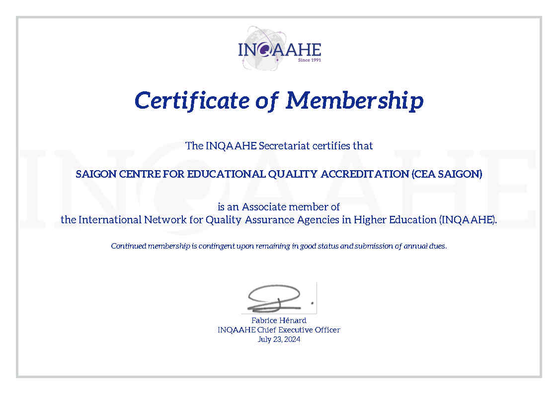 Trung tâm Kiểm định chất lượng giáo dục Sài Gòn trở thành thành viên chính thức của Mạng lưới các Tổ chúc Đảm bảo chất lượng giáo dục đại học quốc tế (INQAAHE)